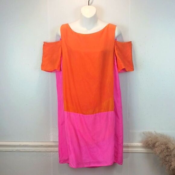 Tibi 100% silk bright pink & orange color block cold shoulder mini Sheath dress - Picture 1 of 13
